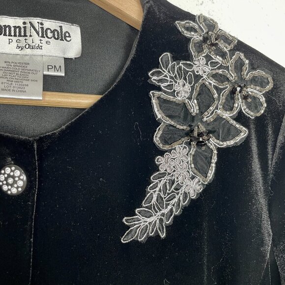 VTG  Ronni Nicole Petite Medium Black Velvet Holiday Cardigan w/ Lace & Beading - Picture 5 of 8